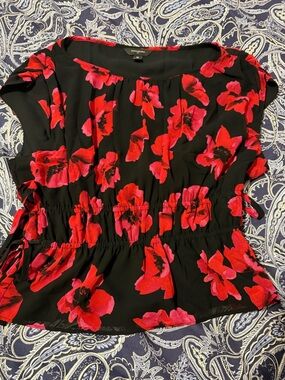 Banana Republic Black Blouse with Red Floral Print
